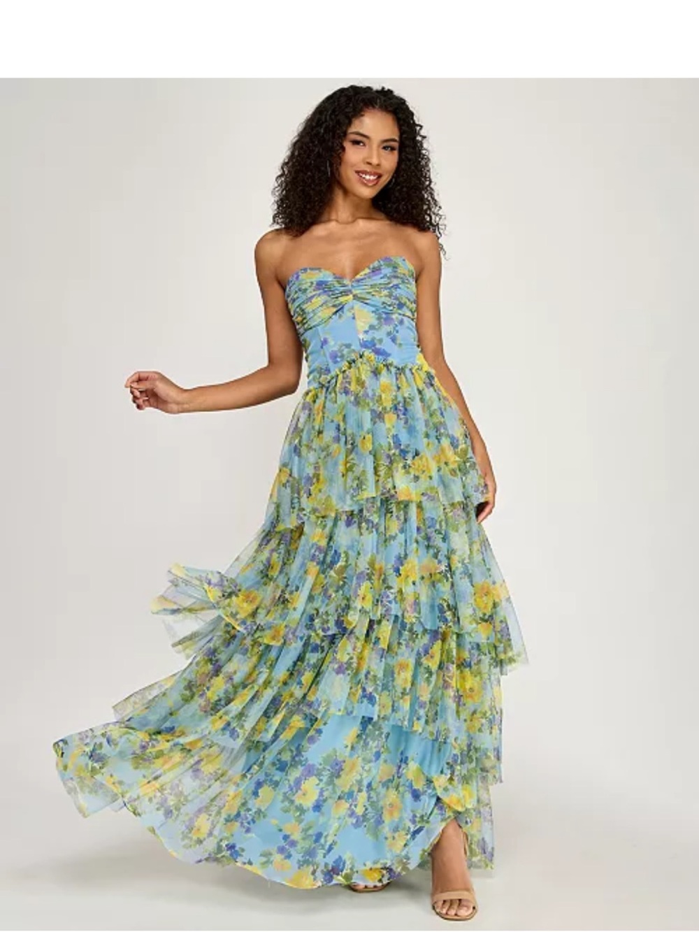 City Studio Strapless Blue Floral Tiered Maxi Dress with Yellow Accents